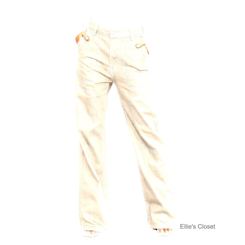 Stretch Denim Cargo Jeans Mid Waist Wide Leg Pants with Pockets